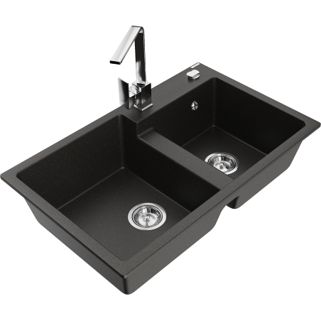Mexen Tomas 2-compartment granite sink with a kitchen mixer tap Rita, Black/Gold metallic - 6516-75-670300-00