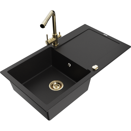 Mexen Leo 1-compartment granite sink with a drip tray and kitchen mixer tap Duero, Black - 6501-77-671600-50