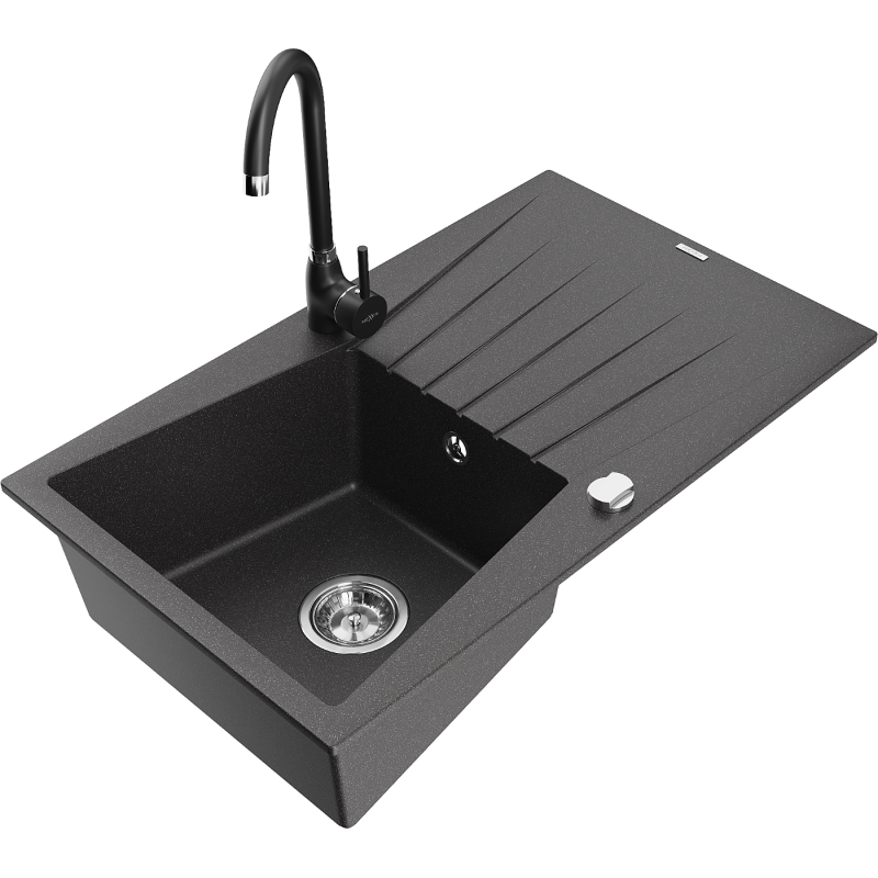 Mexen Cesar 1-compartment granite sink with a drip tray and kitchen mixer tap Telma, spotted black - 6514-76-670200-70