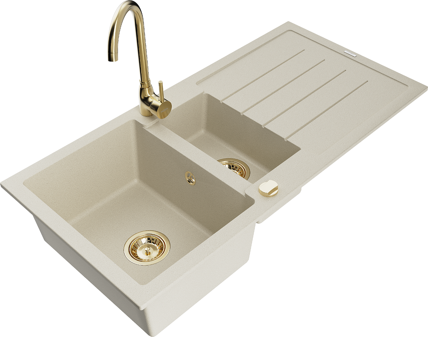 Mexen Andres 1.5-compartment granite sink with a drip tray and kitchen mixer tap Telma, Beige - 6515-69-670200-50