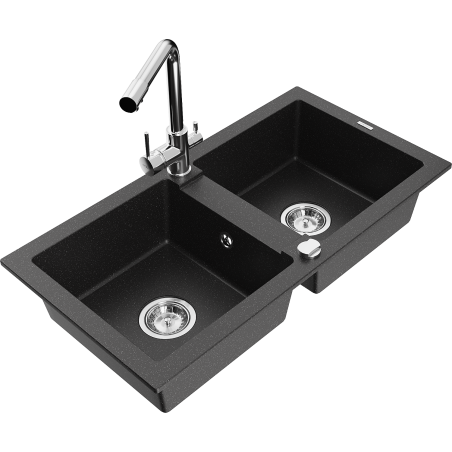 Mexen Mario 2-compartment granite sink with a kitchen mixer tap Duero, Black/Silver metallic - 6504-73-671600-00