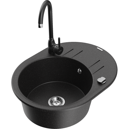 Mexen Kevin 1-compartment granite sink with a drip tray and kitchen mixer tap Telma, Black/Silver metallic - 6517-73-670200-70