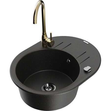 Mexen Kevin 1-compartment granite sink with a drip tray and kitchen mixer tap Telma, Black/Gold metallic - 6517-75-670200-50-B