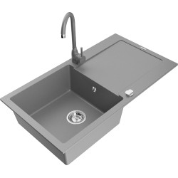 Mexen Leo 1-compartment granite sink with a drip tray and kitchen mixer tap Telma, Grey - 6501-71-670200-71