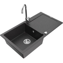 Mexen Leo 1-compartment granite sink with a drip tray and kitchen mixer tap Telma, Spotted black - 6501-76-670200-00