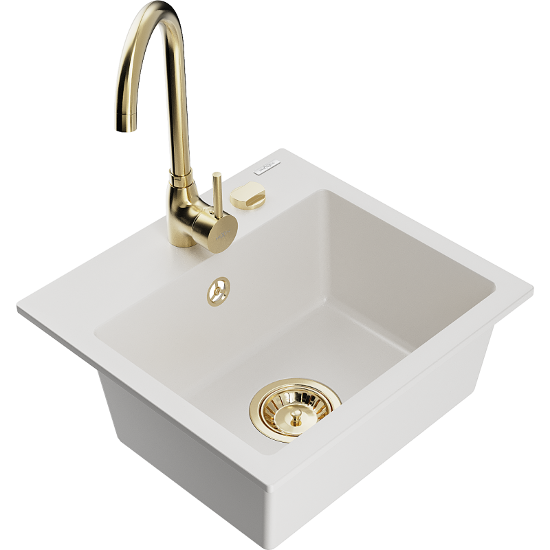 Mexen Milo 1-compartment granite sink with kitchen mixer tap Telma, White - 6505-20-670200-50