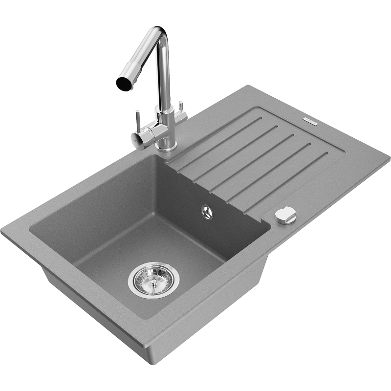 Mexen Pablo 1-compartment granite sink with a drip tray and kitchen mixer tap Duero, Grey - 6510-71-671600-00