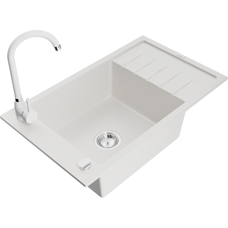 Mexen Elias 1-compartment granite sink with a drip tray and kitchen mixer tap Telma, White - 6511-20-670200-20