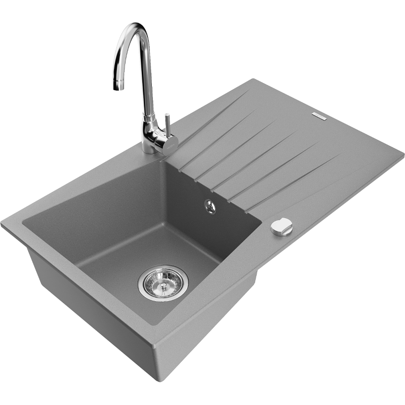 Mexen Cesar 1-compartment granite sink with a drip tray and kitchen mixer tap Telma, Grey - 6514-71-670200-00