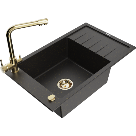 Mexen Elias 1-compartment granite sink with a drip tray and kitchen mixer tap Duero, Black/Gold metallic - 6511-75-671600-50