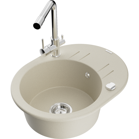 Mexen Kevin 1-compartment granite sink with a drip tray and kitchen mixer tap Duero, Beige - 6517-69-671600-00