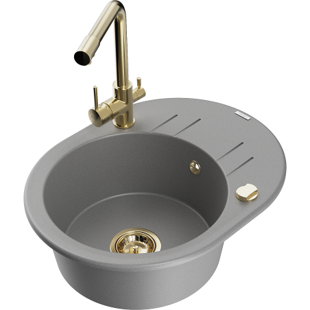 Mexen Kevin 1-compartment granite sink with a drip tray and kitchen mixer tap Duero, Grey - 6517-71-671600-50