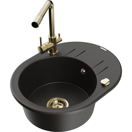 Mexen Kevin 1-compartment granite sink with a drip tray and kitchen mixer tap Duero, Black/Gold metallic - 6517-75-671600-50