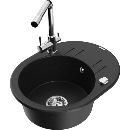 Mexen Kevin 1-compartment granite sink with a drip tray and kitchen mixer tap Duero, Black - 6517-77-671600-00