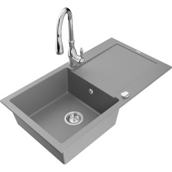 Mexen Leo 1-compartment granite sink with a drip tray and kitchen mixer tap Savita, Grey - 6501-71-672601-00