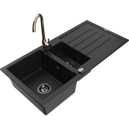 Mexen Andres 1.5-compartment granite sink with a drip tray and kitchen mixer tap Telma, Black - 6515-77-670200-50-B